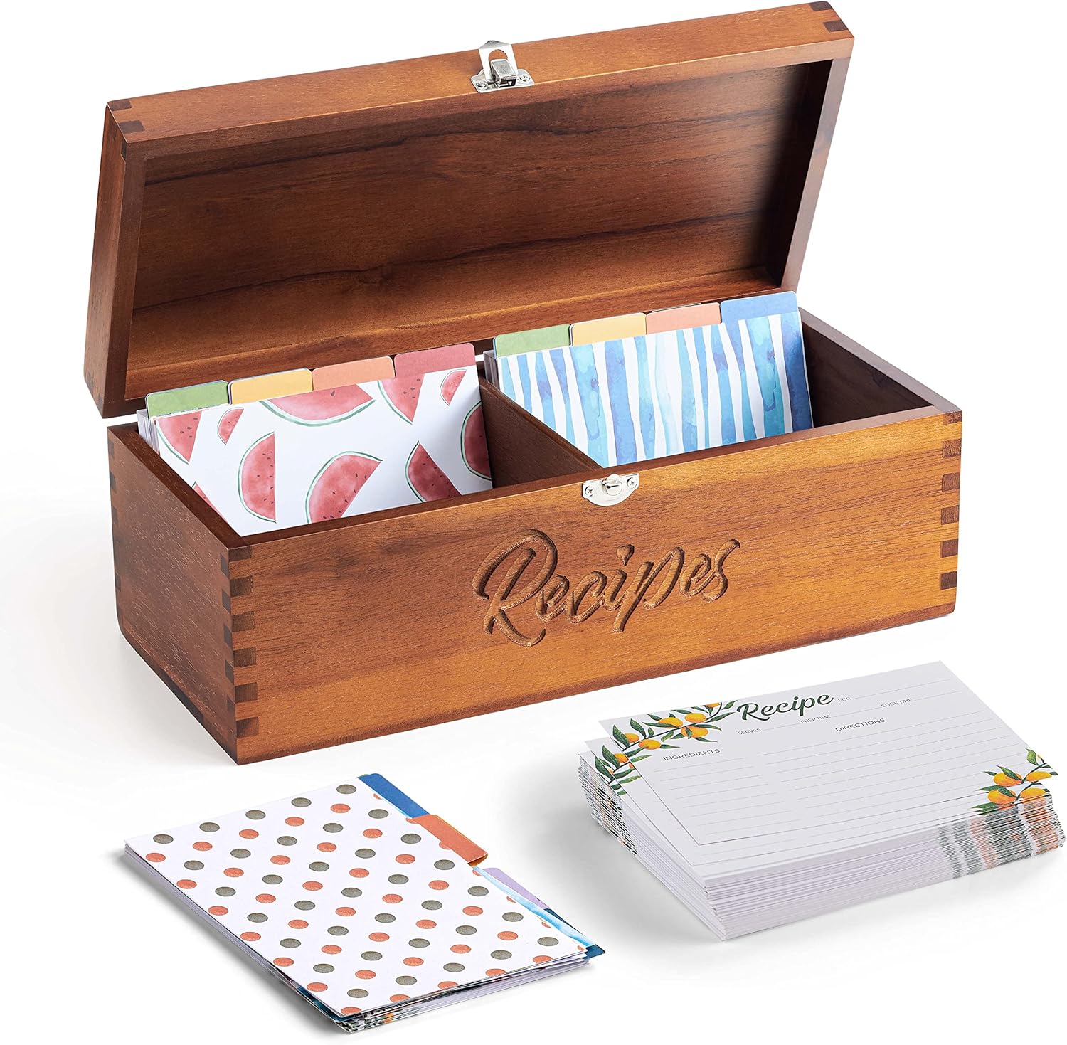 Acacia Wood Large Recipe Box with 100 Cards and Dividers