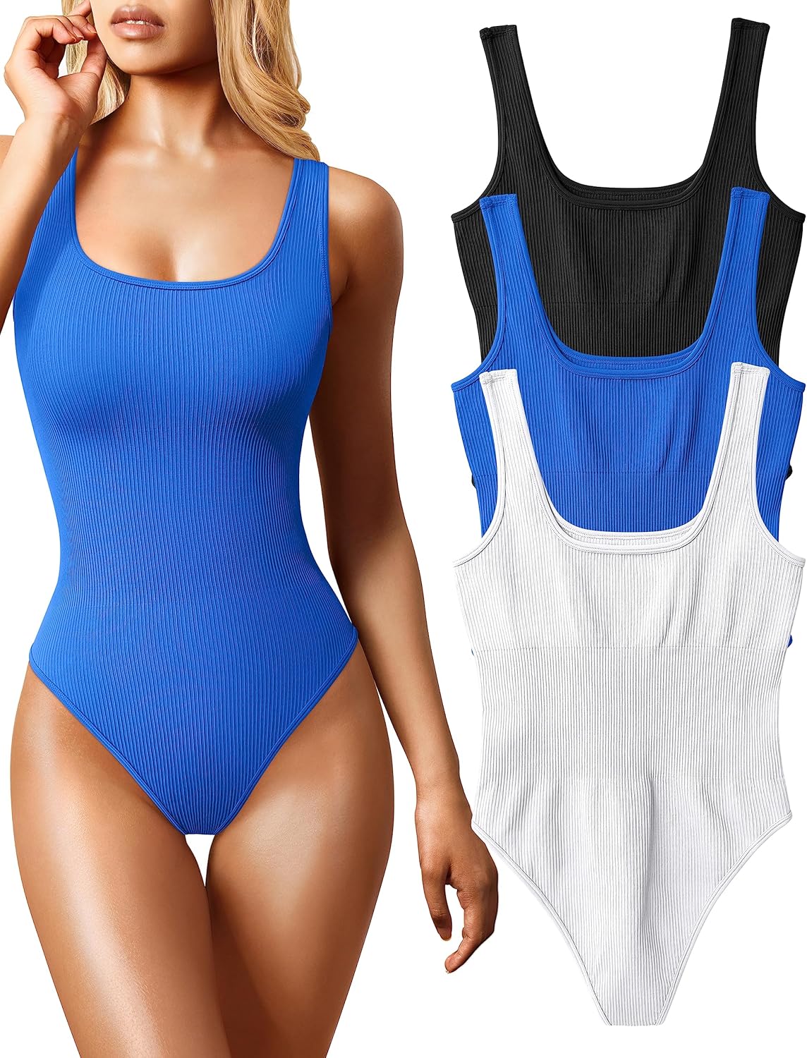 OQQ Women's 3 Piece Bodysuits Sexy Ribbed Sleeveless Tops