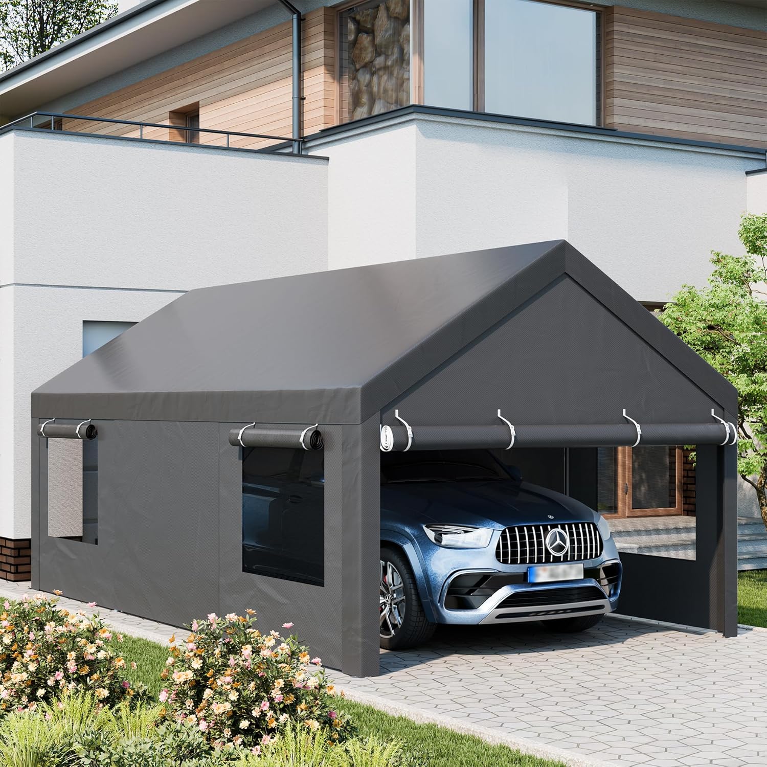 JAMFLY 12x20 ft Heavy Duty Carport with Roll-up Windows
