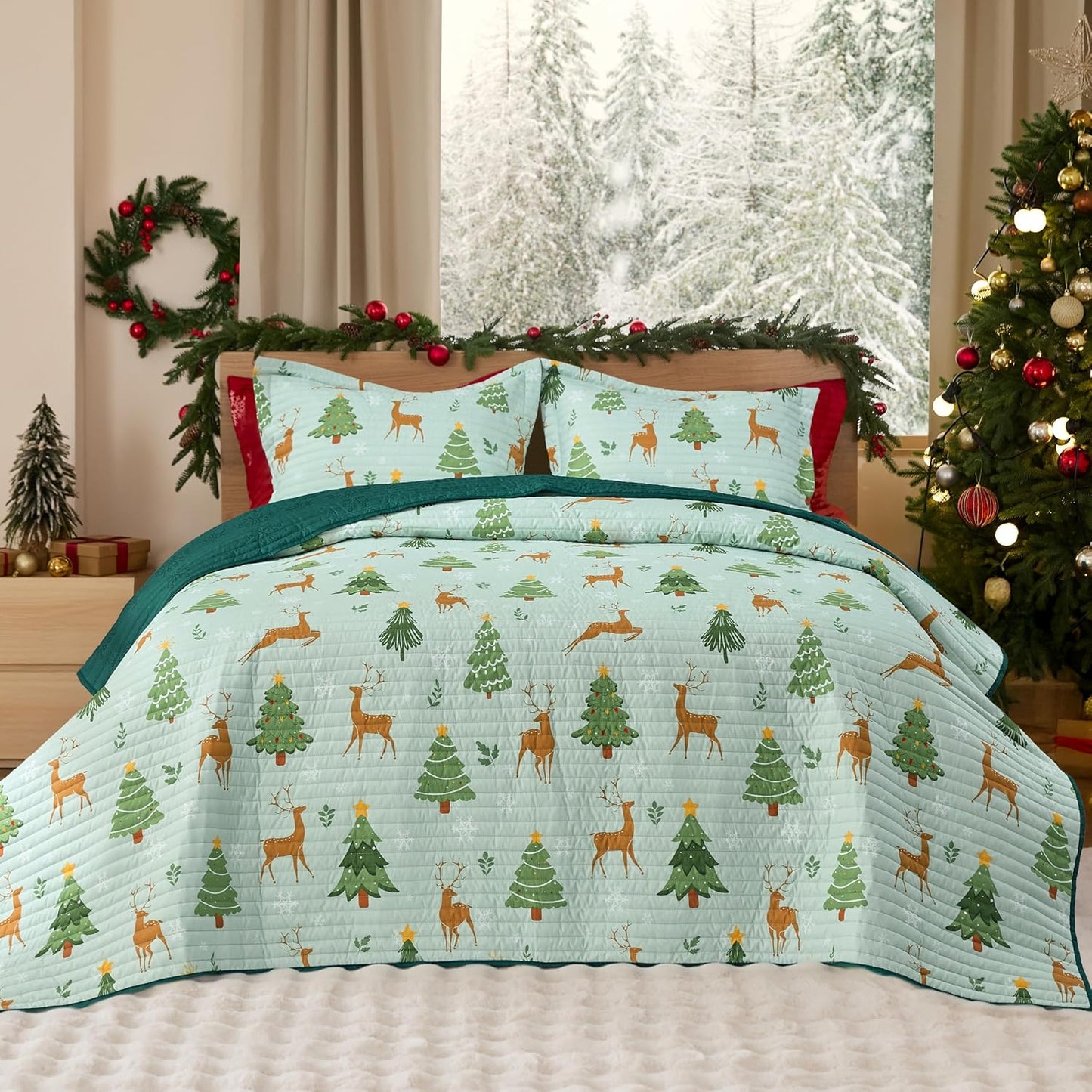 Bedsure Christmas Quilt Bedding - King Size Reversible Coverlet