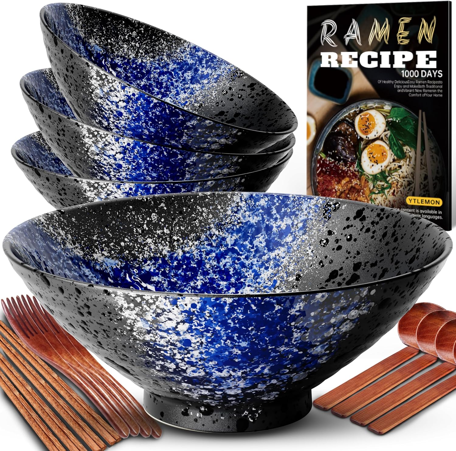 8-Inch Ceramic Ramen Bowl Set of 4 for Noodles and Soup