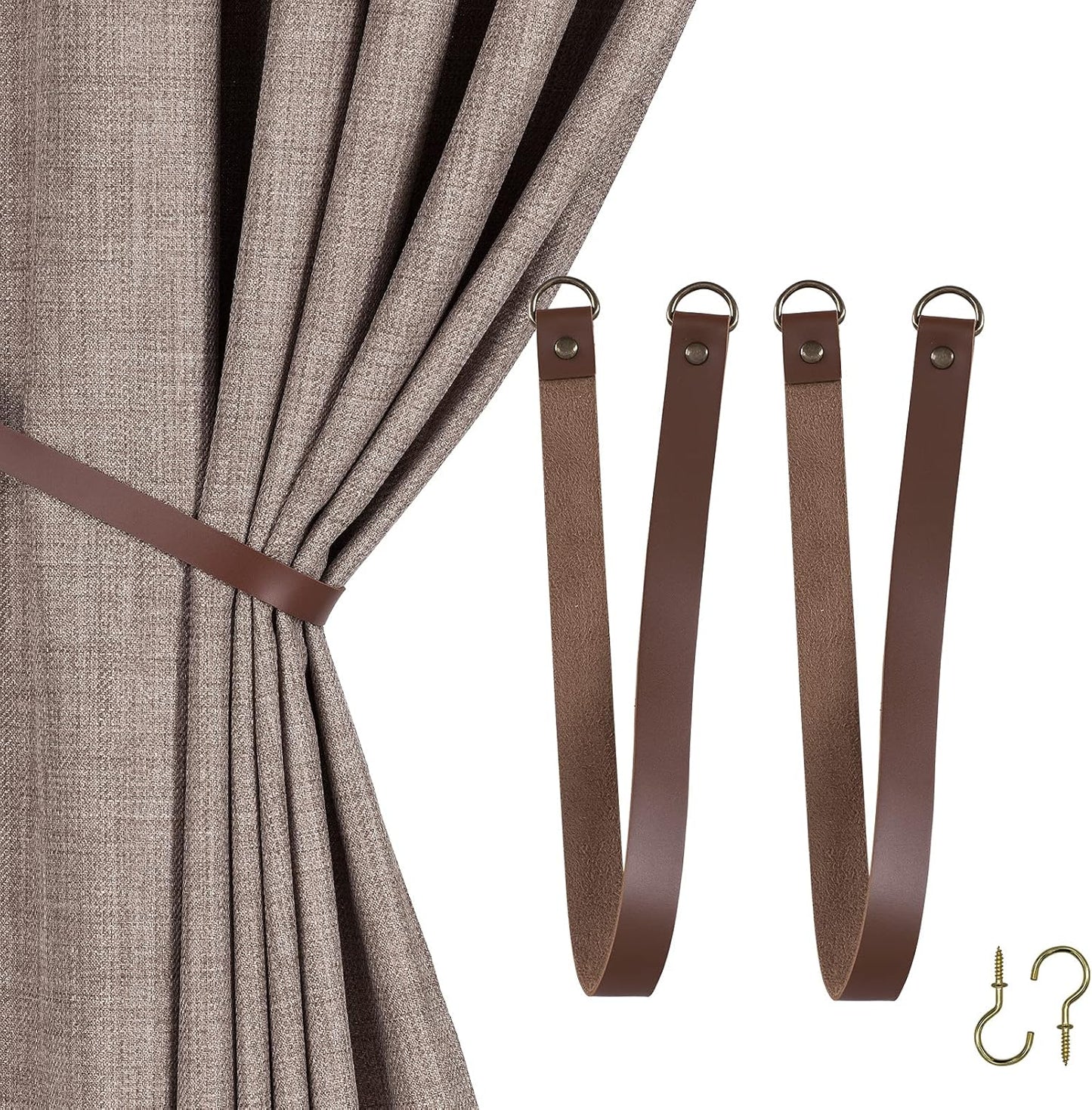 Wall-Mounted Leather Tie Backs Set, Holds Outdoor Drapes, Set of 2