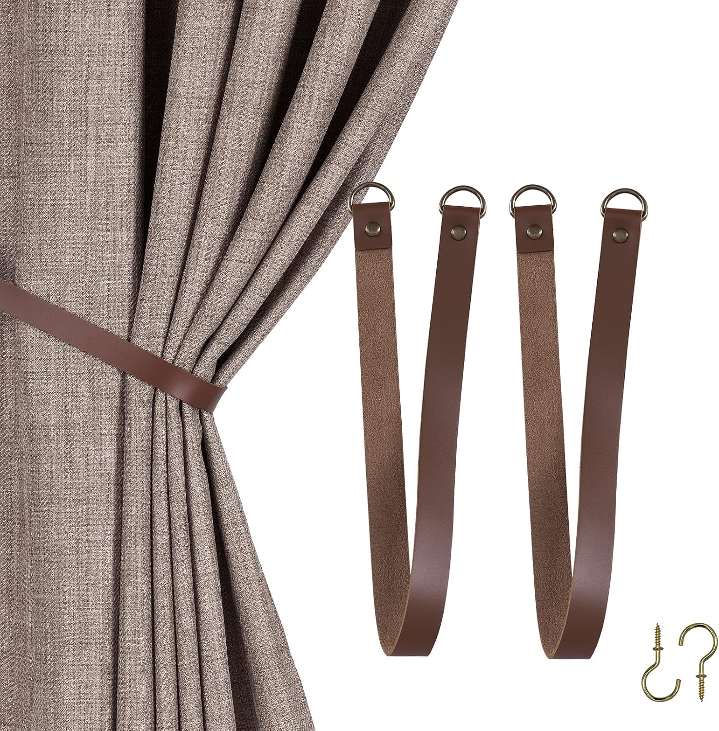 Wall-Mounted Leather Tie Backs Set, Holds Outdoor Drapes, Set of 2