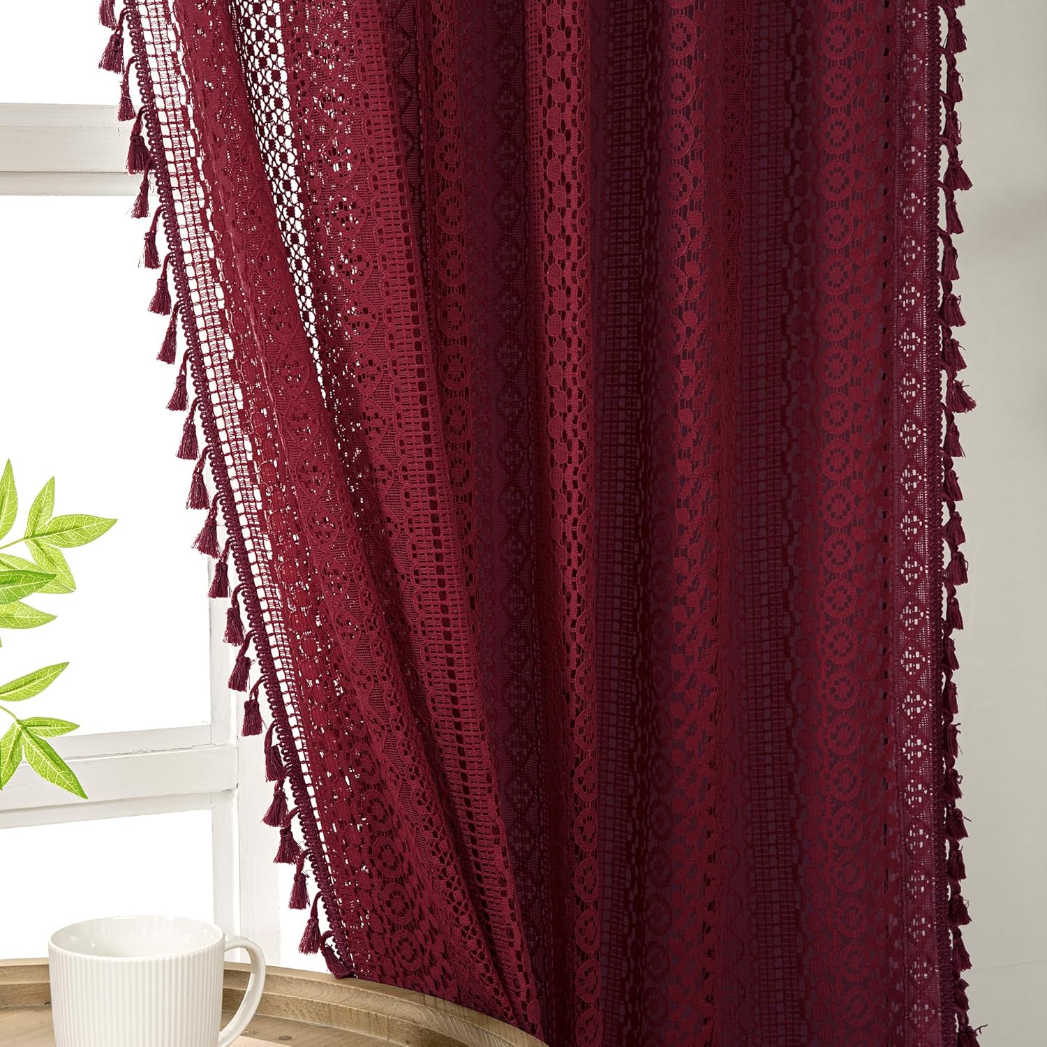Burgundy Sheer Curtains 63 Inches Long for Boho Home Decor