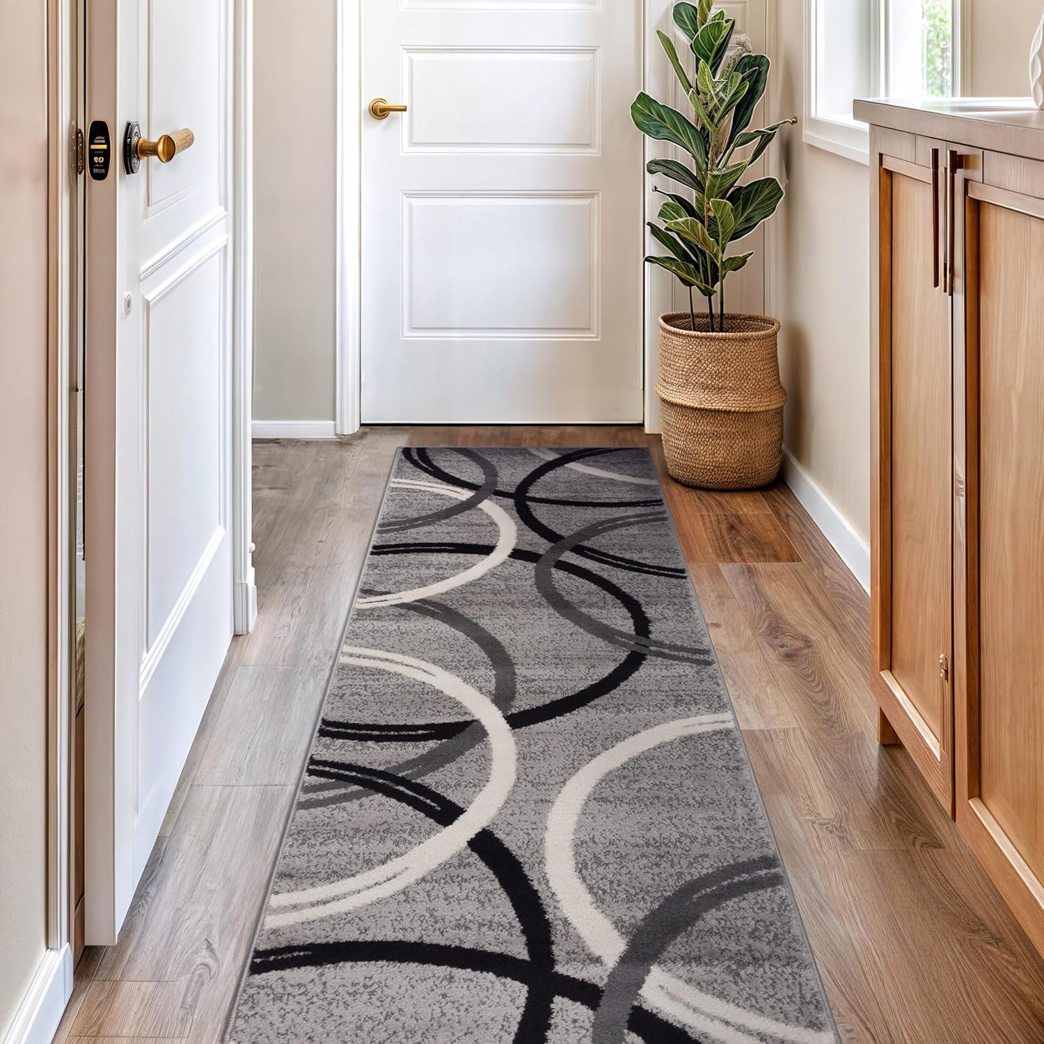 Wavy Circles Design Runner Rug for Hallway, Kitchen, or Entryway