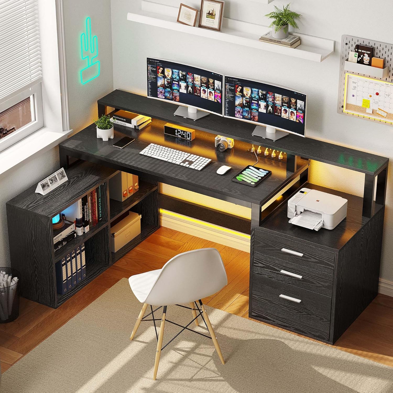 65 L-Shaped Desk with Power & LED Lights