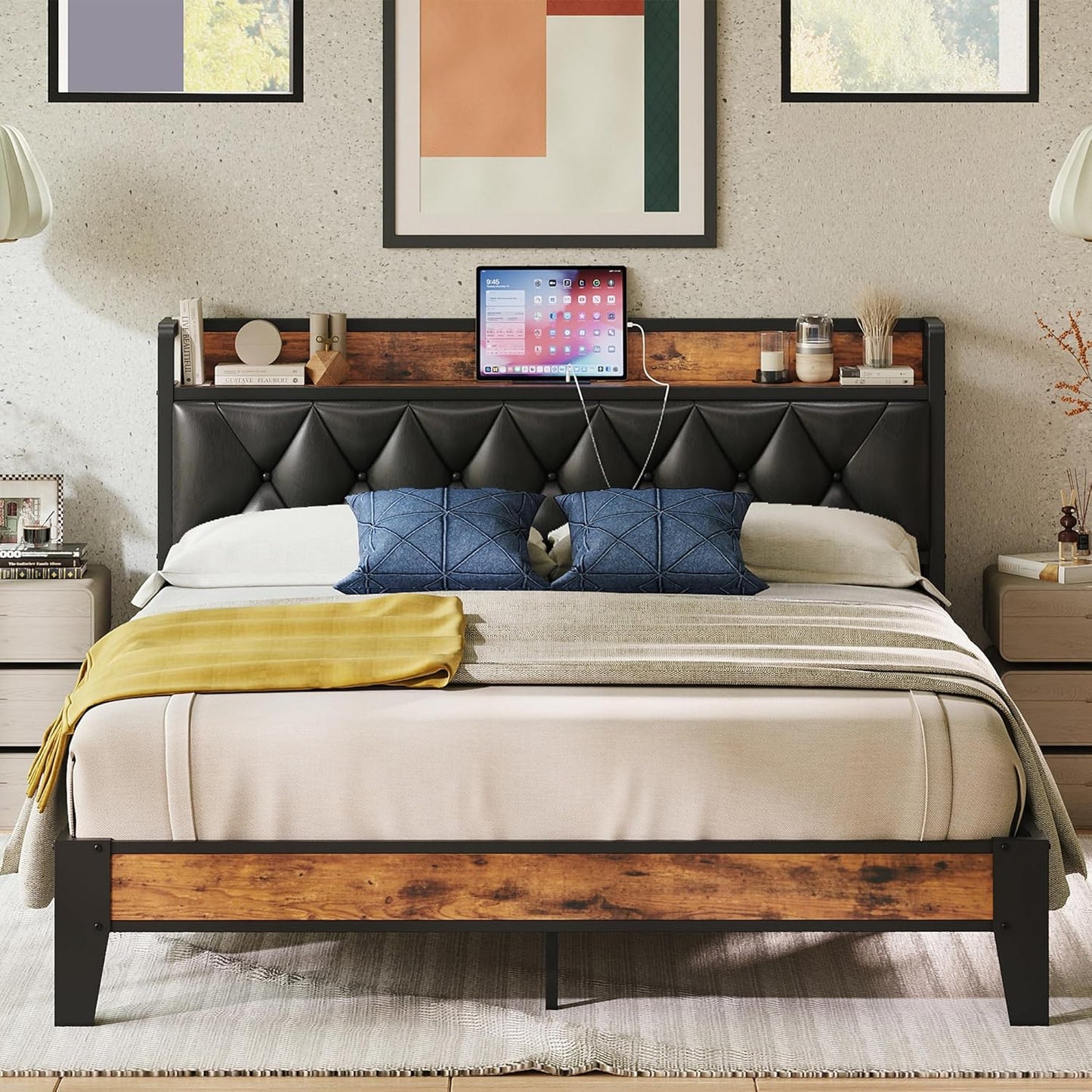 Sturdy Queen Bed Frame with Storage Headboard and Outlets