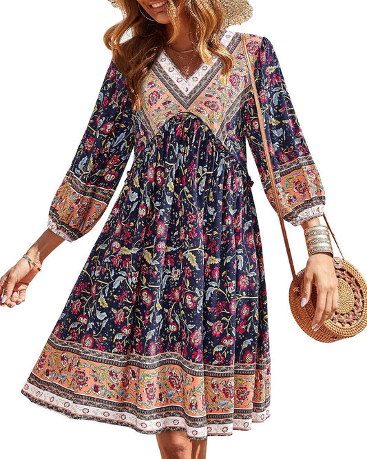 BTFBM Women Casual Spring Summer Dresses V Neck Ruffle Floral
