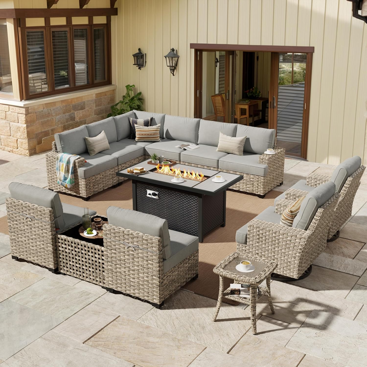HOOOWOOO Outdoor Sectional Patio Furniture Set with Fire Pit