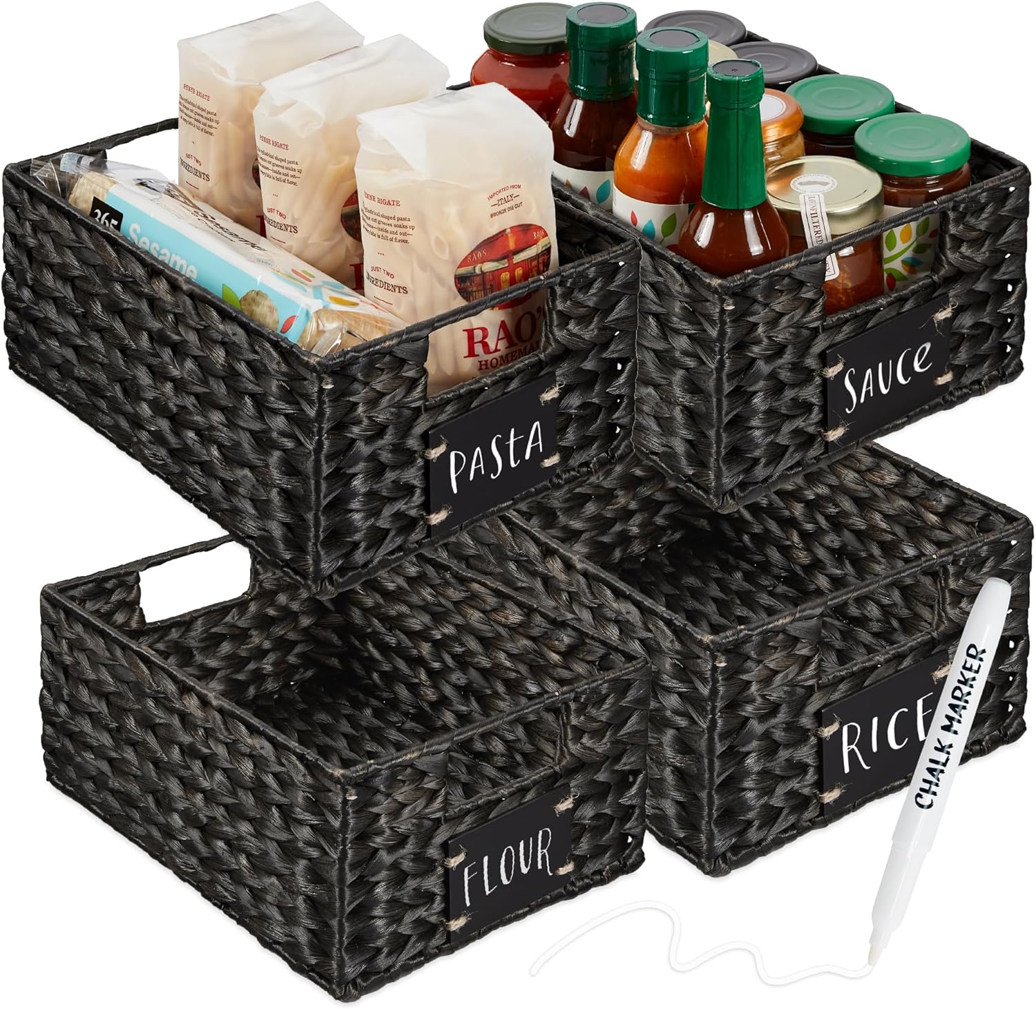 Water Hyacinth Pantry Baskets Set of 4 with Chalkboard Labels