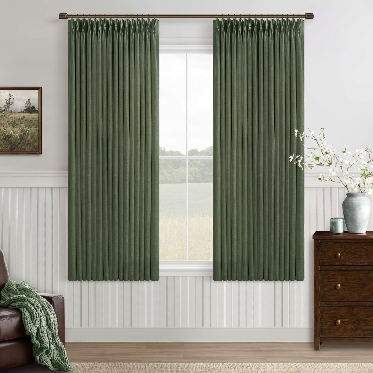 Olive Green Linen Semi Sheer Curtains for Kitchen Dining Room