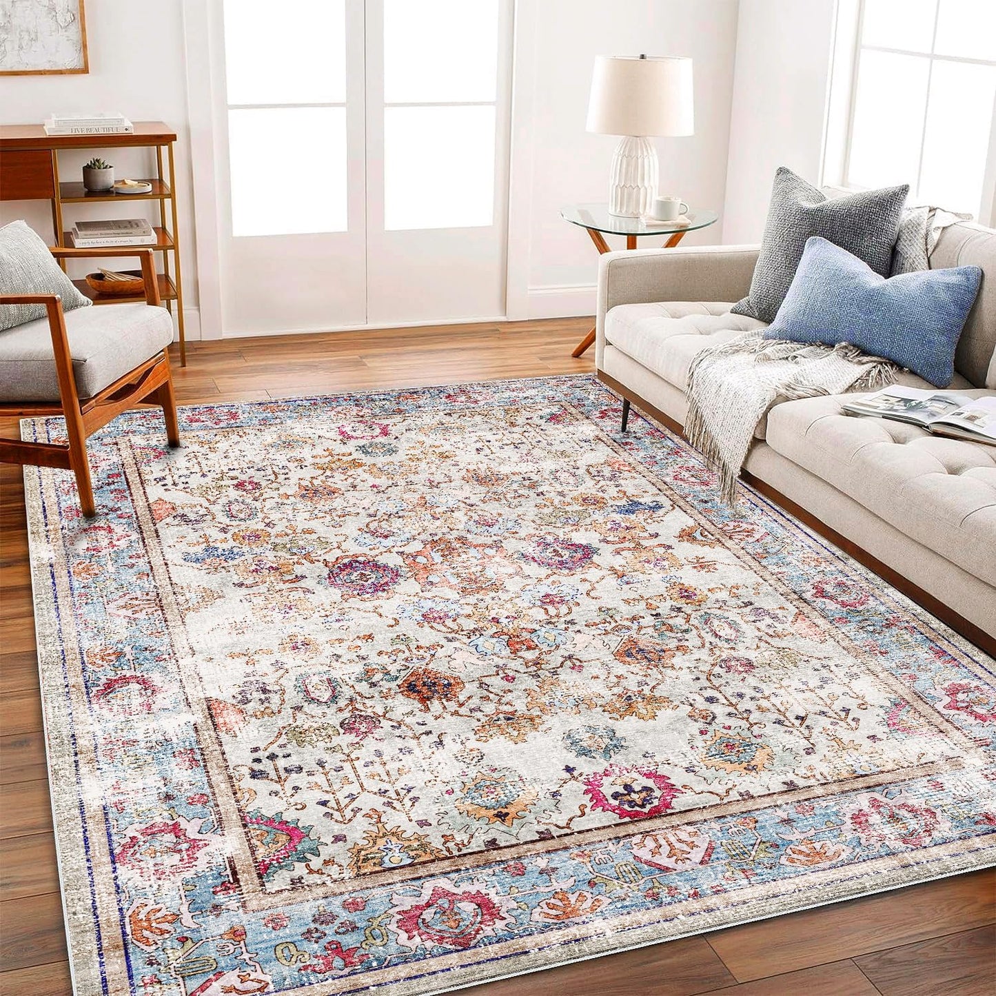 Vintage 6ftx9ft Washable Area Rug for Living Room and Bedroom
