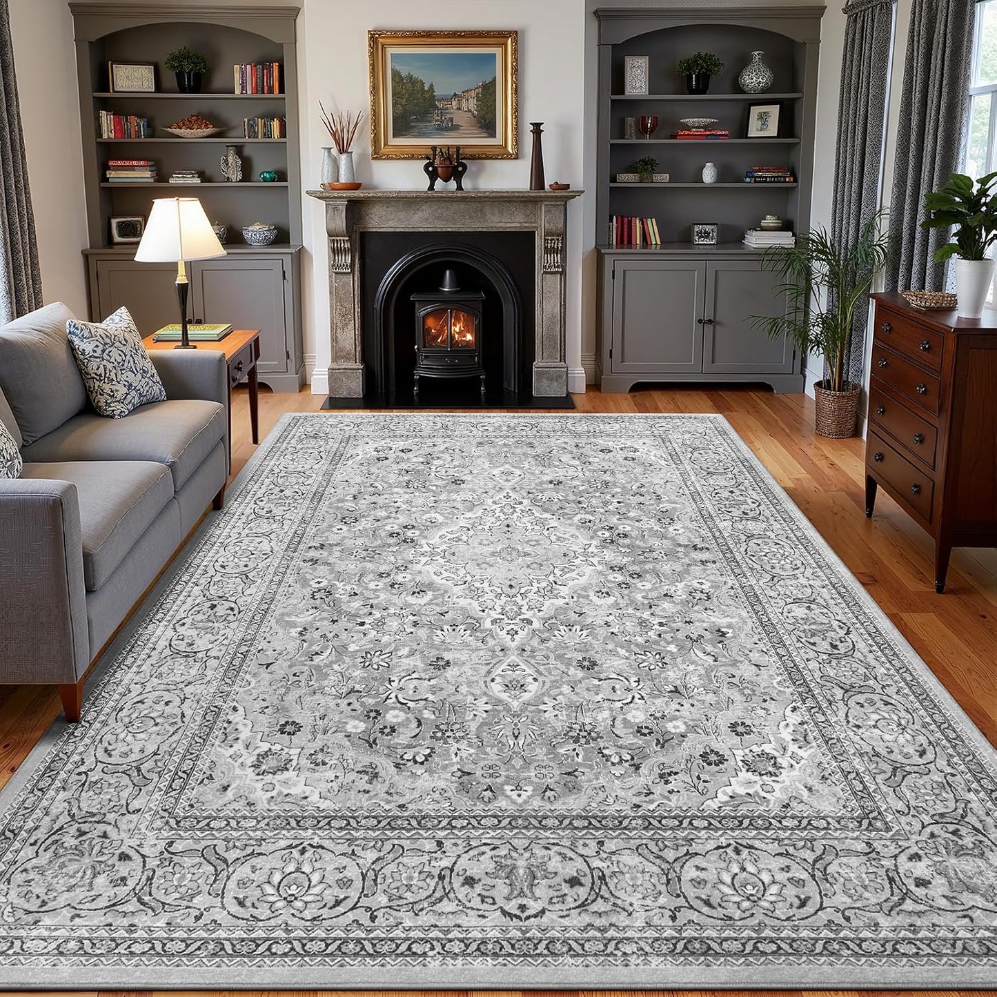 5x7 Grey Washable Boho Area Rug for Bedroom and Living Room
