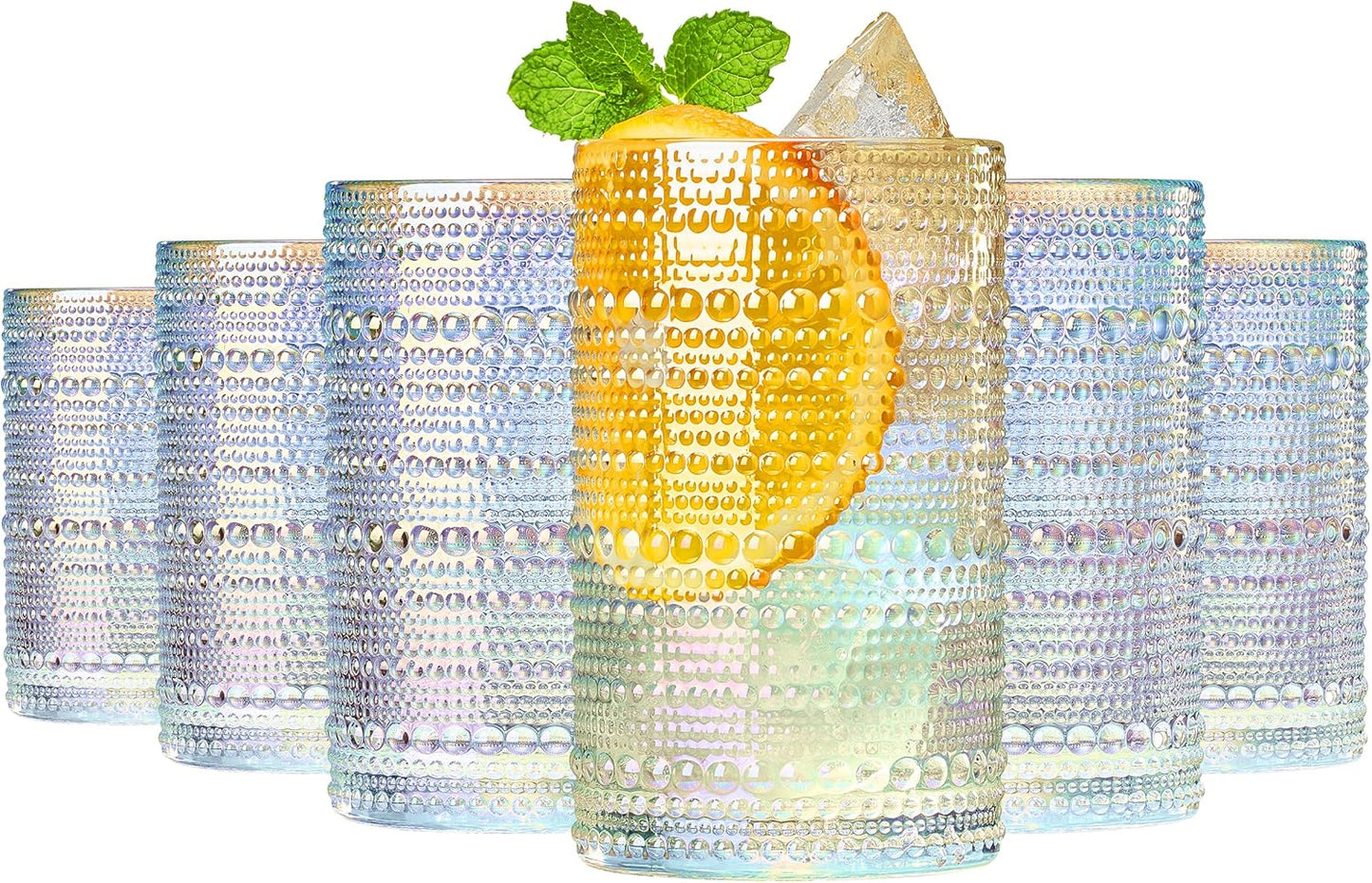 Hobnail Beaded Highball Drinking Tumbler Glasses Set of 6