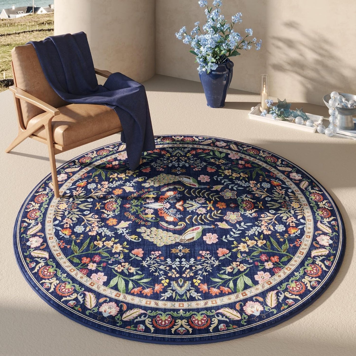 Rugcomf Round Rug 6ft Washable Floral Non Slip for Home Use