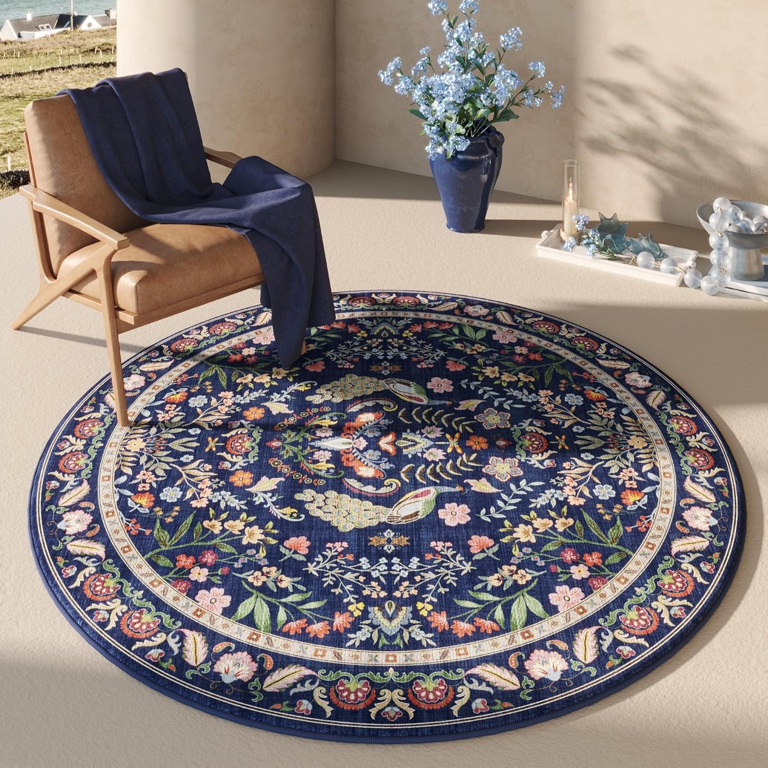 Rugcomf Round Rug 6ft Washable Floral Non Slip for Home Use