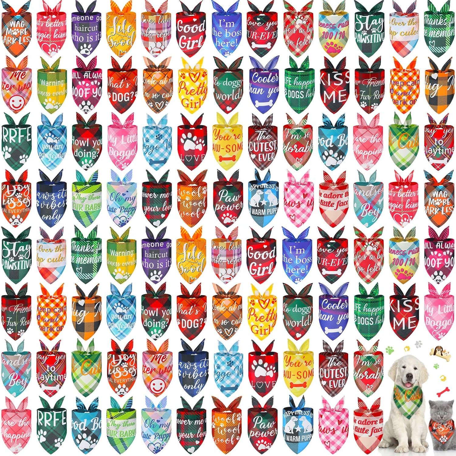 100 Pcs Plaid Dog Bandanas for Small to Medium Pets