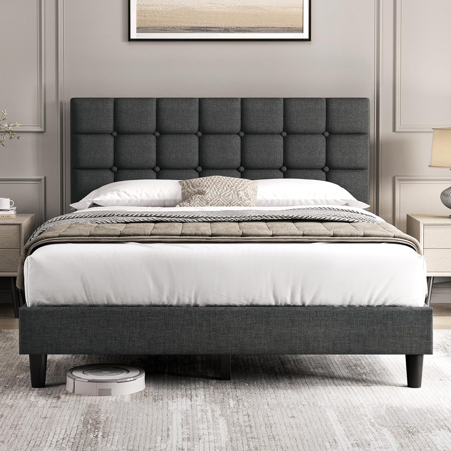 Yaheetech Upholstered Bed Frame with Adjustable Headboard