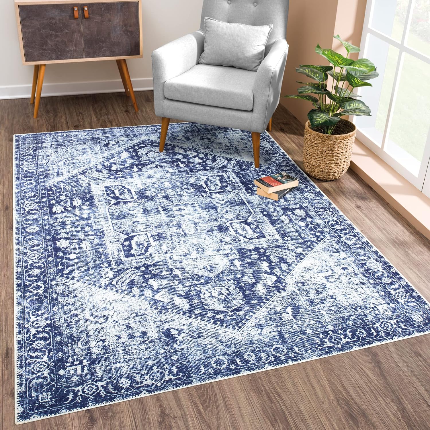 Bloom Rugs Washable Non-Slip 3ft x 5ft Blue/Ivory Area Rug
