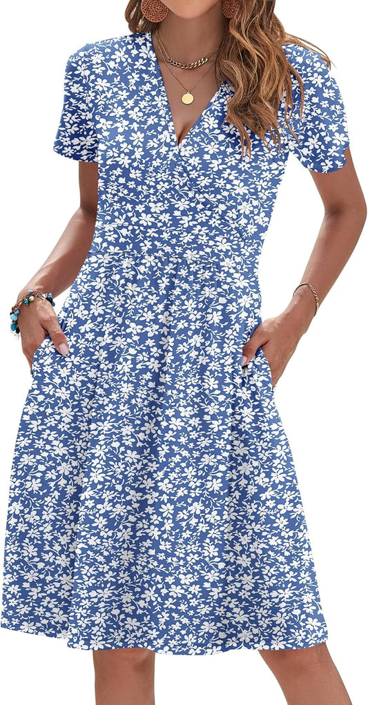 Womens Summer Dresses 2025 Short Sleeve V Neck Floral Sundress