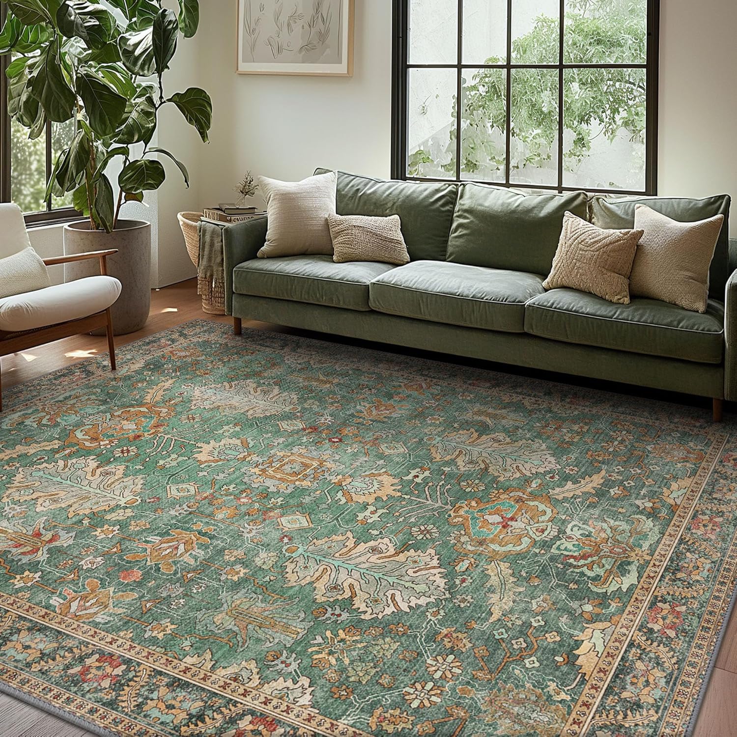 Washable Area Rugs 8x10 Green Boho Rug for Living Room
