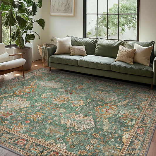 Washable Area Rugs 8x10 Green Boho Rug for Living Room