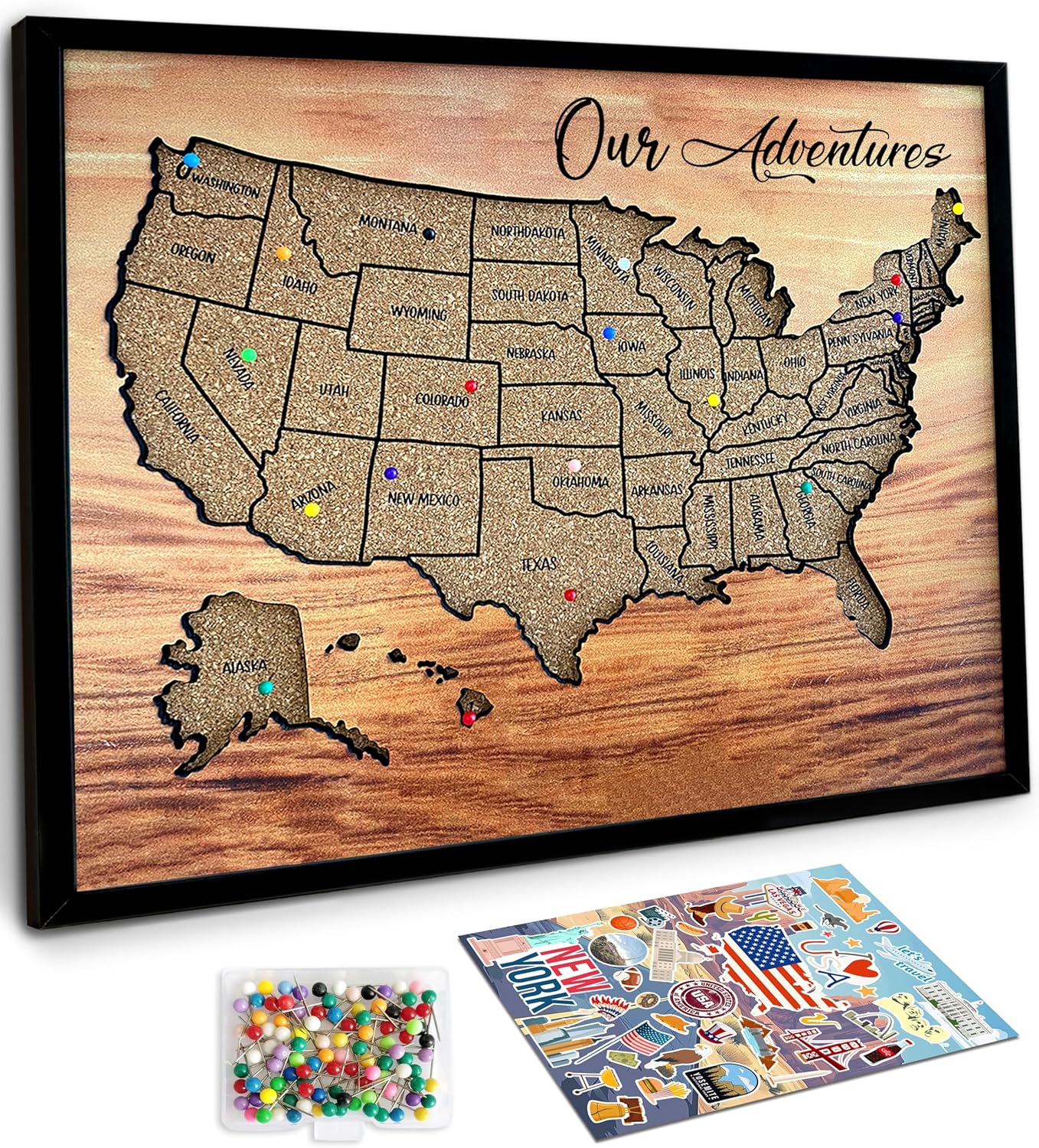 Cork Board USA Travel Map with Pins for Adventurous Couples