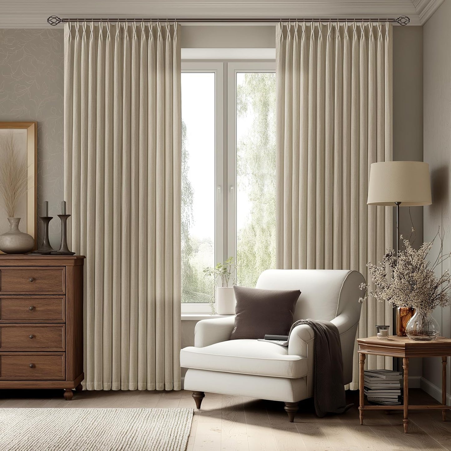 Tan Beige Pinch Pleated Linen Curtains for Elegant Living Spaces