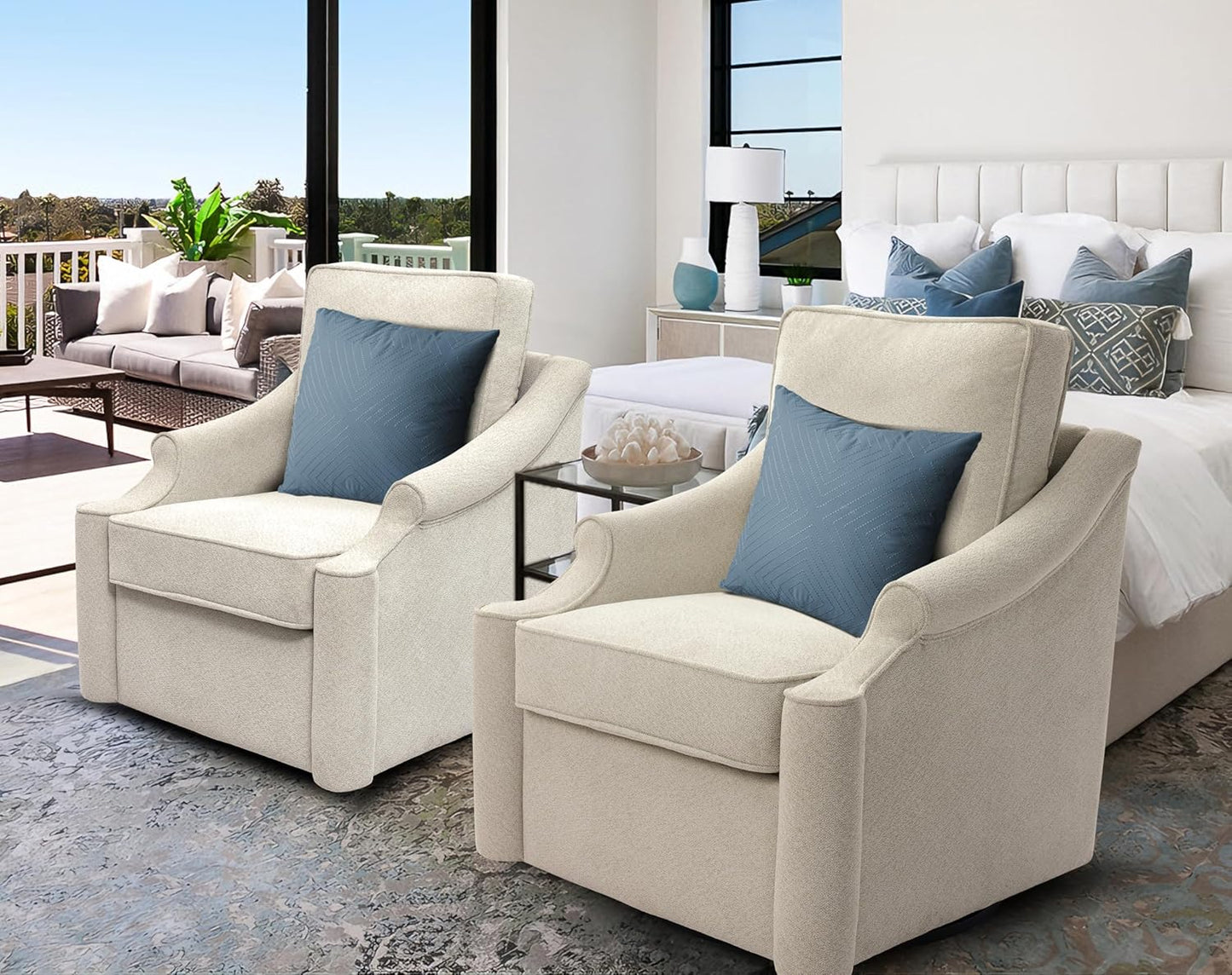 Set of 2 Swivel Accent Chairs: Comfy Modern Beige Upholstery