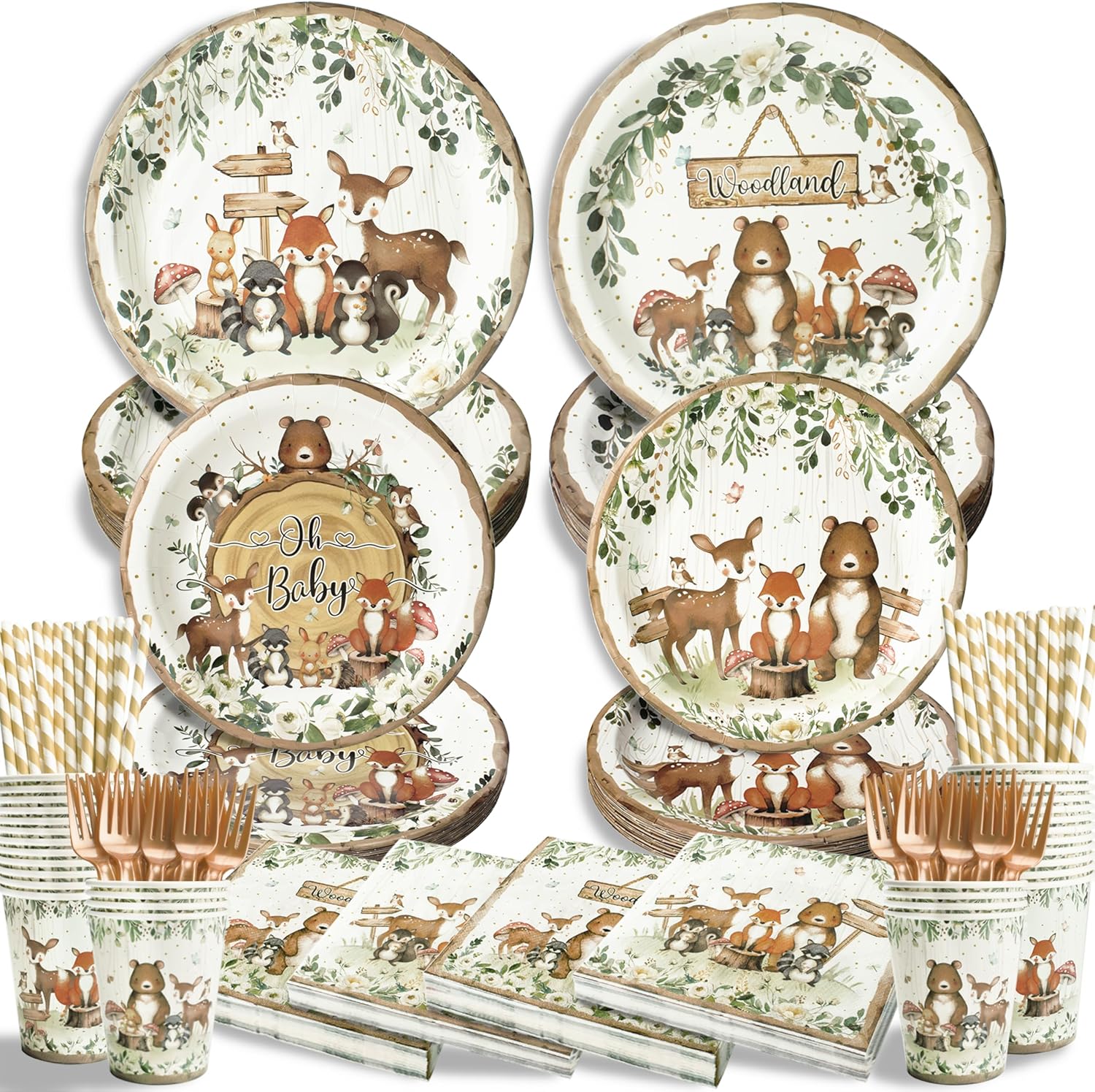 300Pcs Woodland Baby Shower Party Supplies for 50 Guests