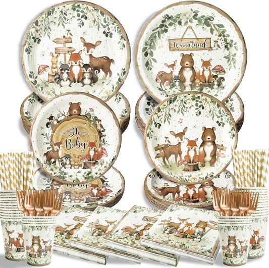 300Pcs Woodland Baby Shower Party Supplies for 50 Guests