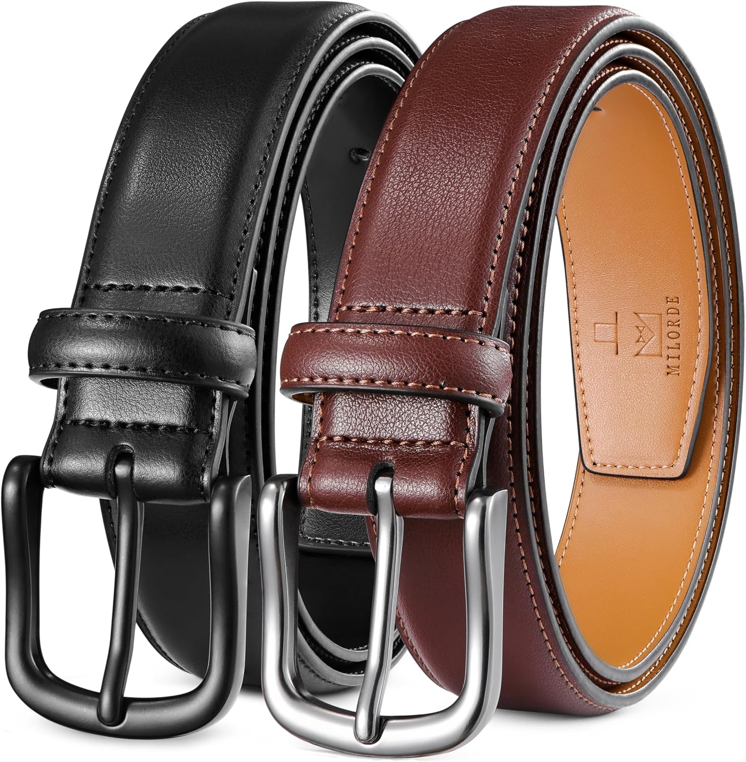 MILORDE Men's Leather Dress Belt 2Pack for Work and Casual Wear