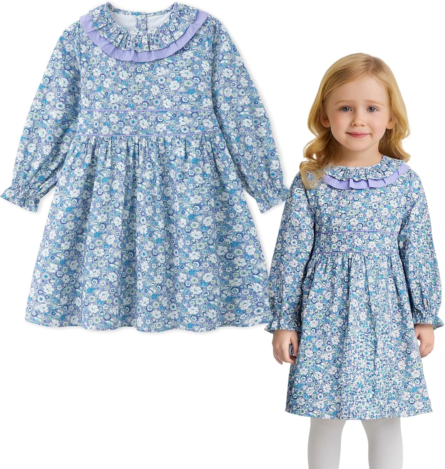 Vintage Floral Print Long Sleeve Dress for Baby Girls Casual Wear