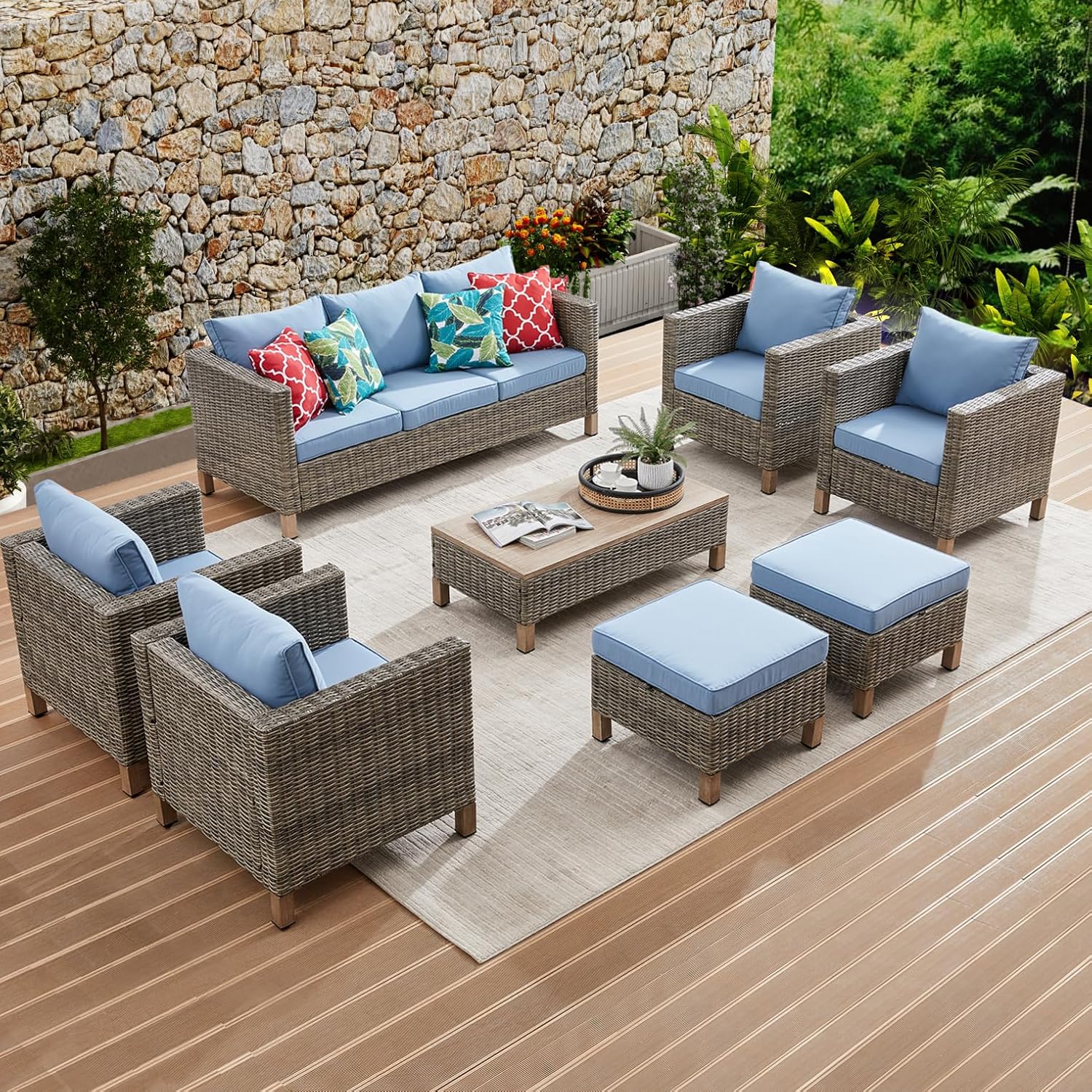 Summax 8-Pc All Weather Wicker Rattan Patio Set - Blue