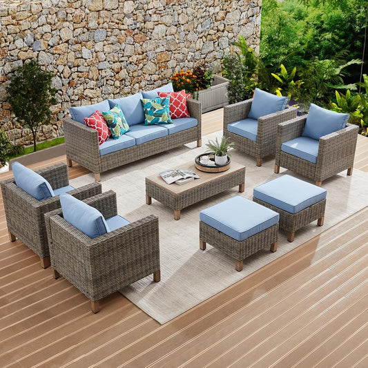 Summax 8-Pc All Weather Wicker Rattan Patio Set - Blue