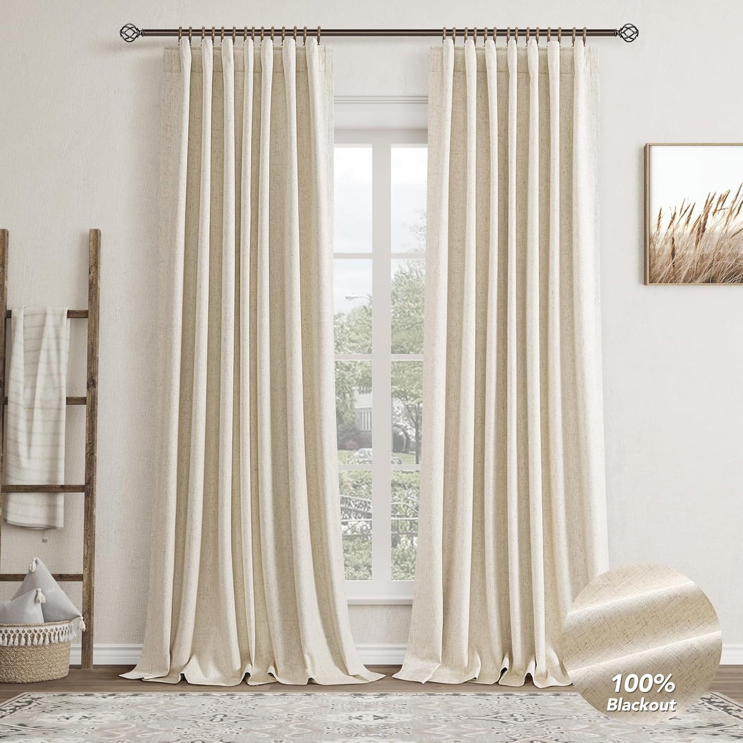 Farmhouse Beige Linen Blackout Curtains 52x96 - Stay Cool & Cozy!