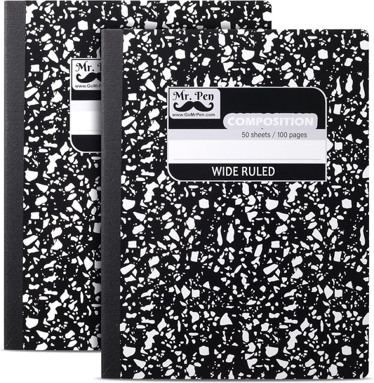 Mr. Pen 2 Pack Wide Ruled Notebooks, 50 Sheets, Black Marble - School & Journal Essential