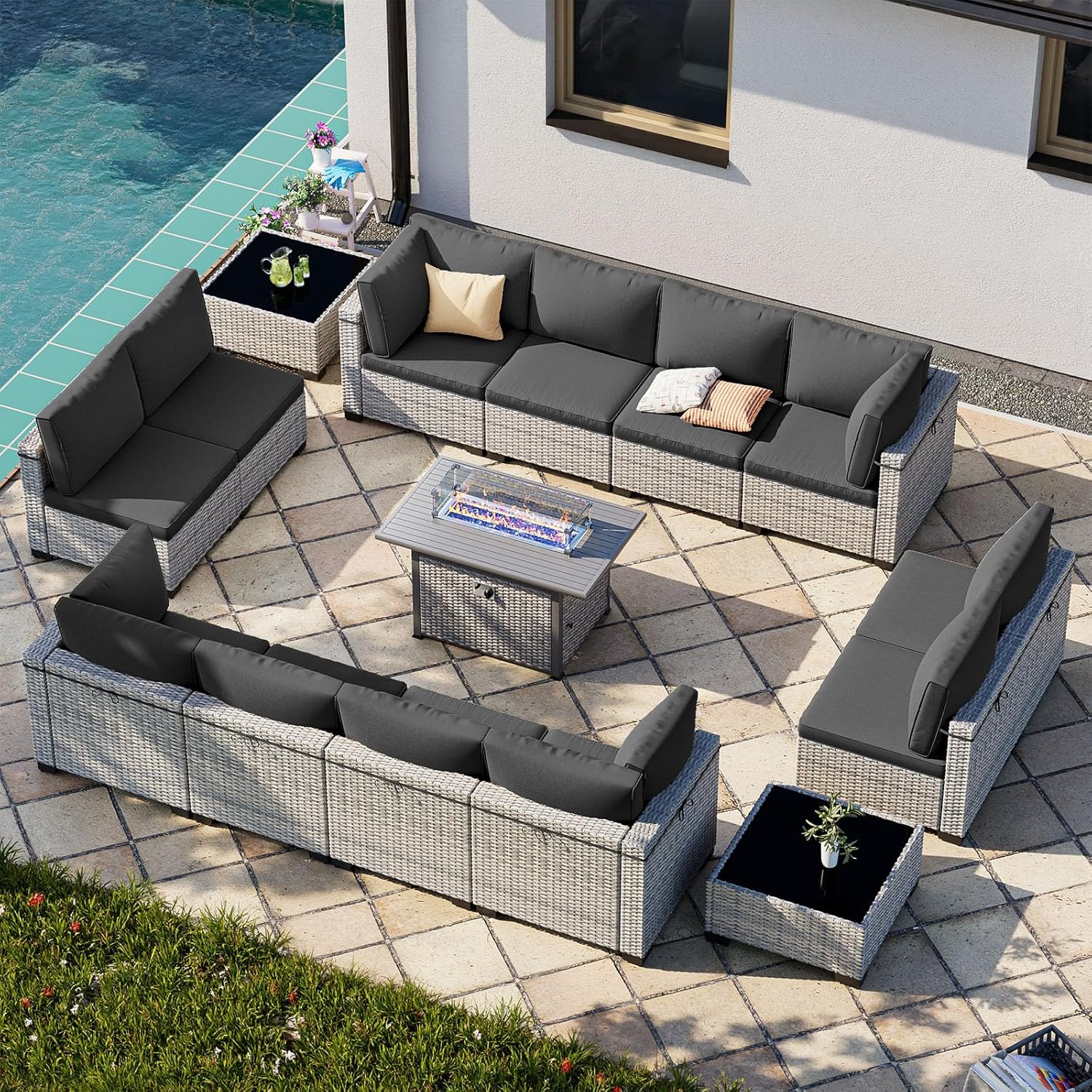 15-Piece Patio Furniture Set with Fire Pit and Thick Cushions