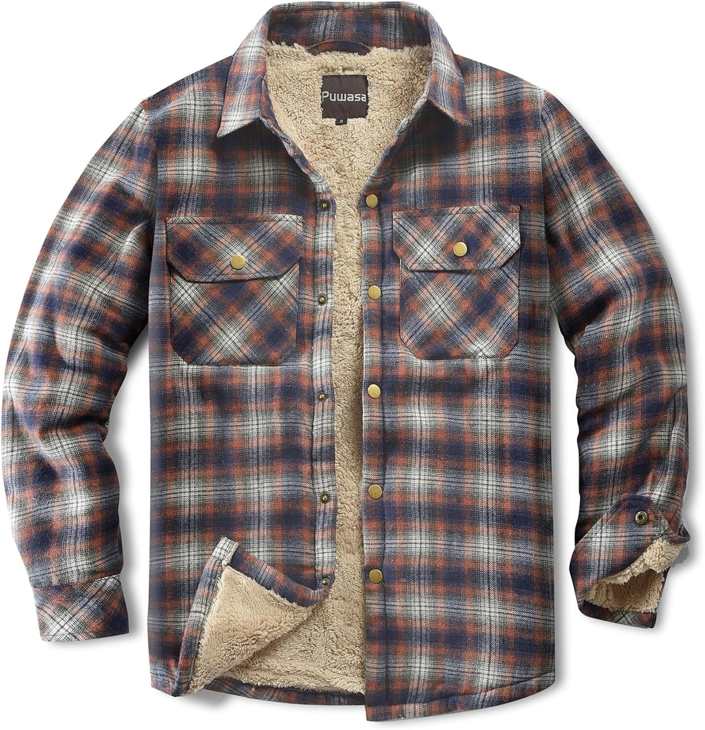Men's Sherpa Lined Cotton Flannel Shirt Jacket for Winter Wear