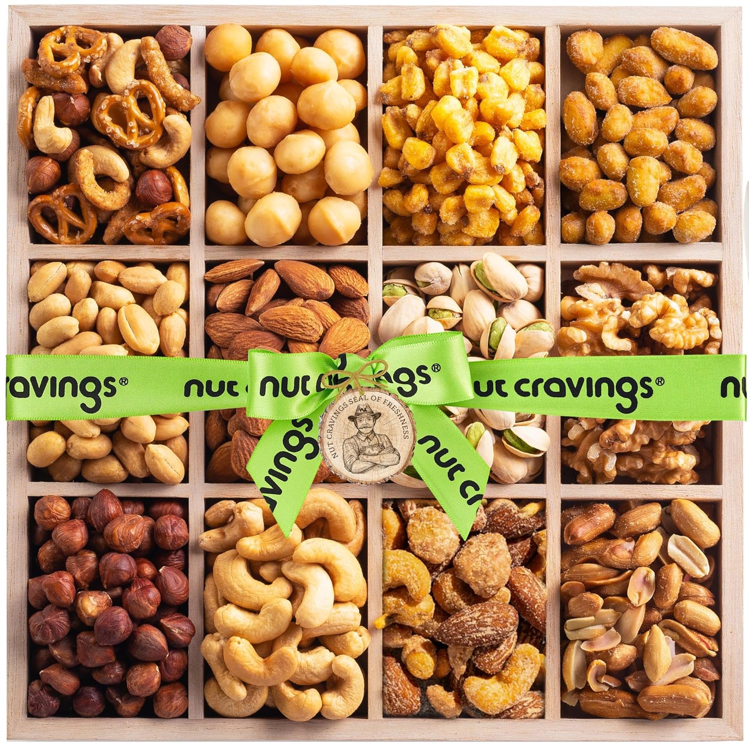Holiday Christmas Mixed Nuts Gift Basket in Wooden Tray