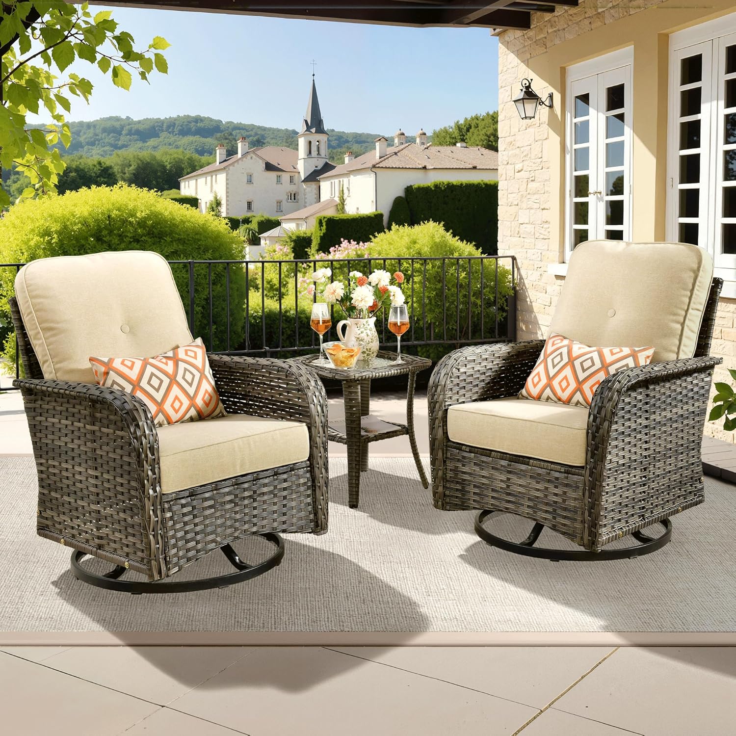 ovios 3 Pieces Patio Furniture Set with Swivel Rocking Chairs