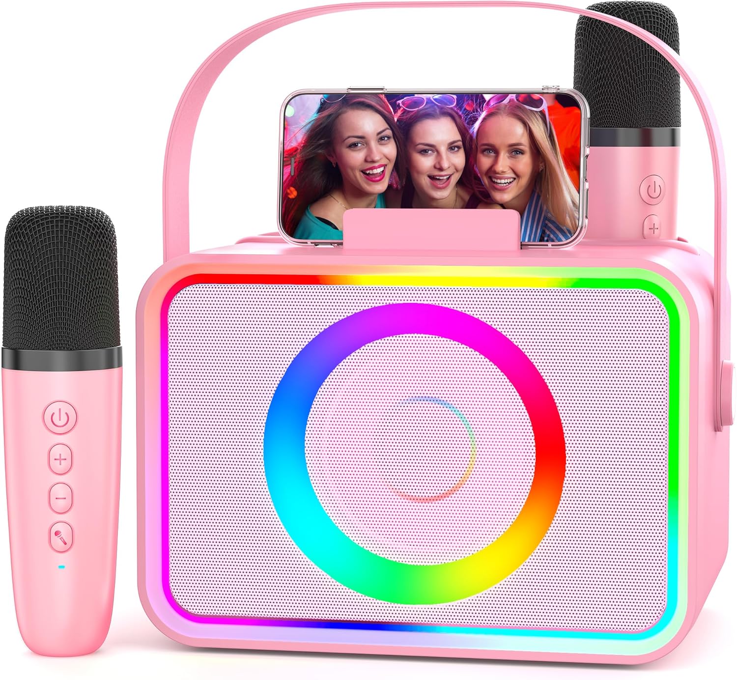 Portable Karaoke Speaker with 2 Wireless Mics - LED Lights, Bluetooth, PA System