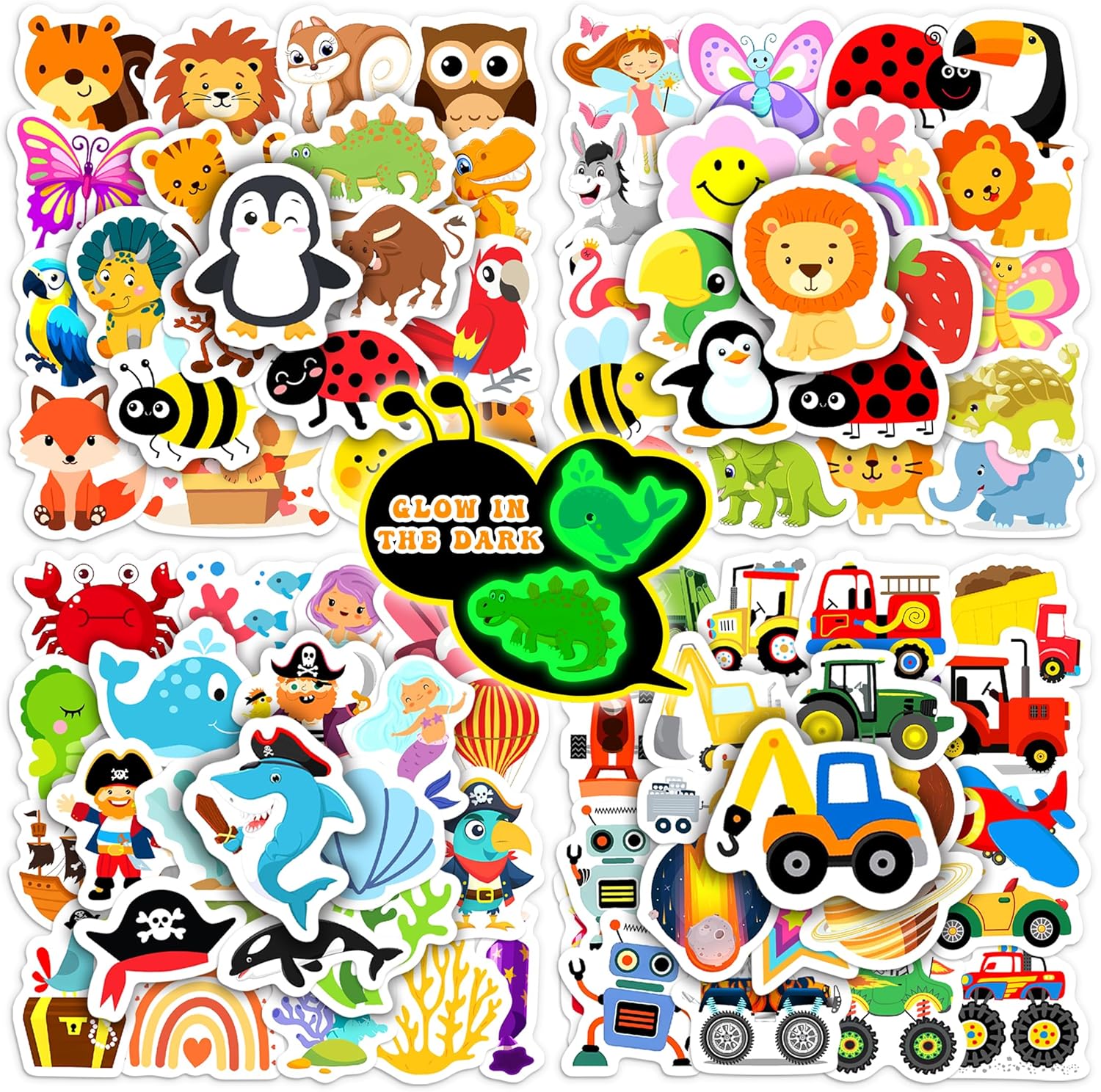 100 Pcs Glow Cartoon Stickers - Waterproof Fun!