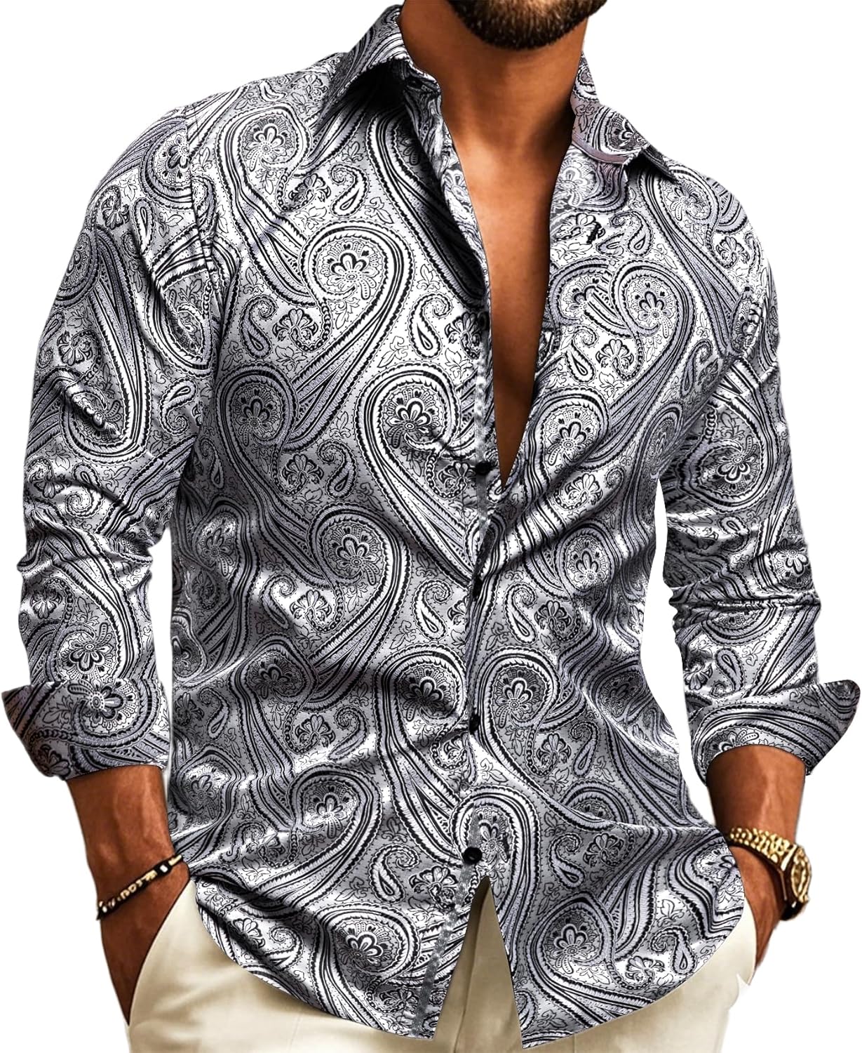 Barry.Wang Men's Dress Shirt Paisley Silk Long Sleeve Top