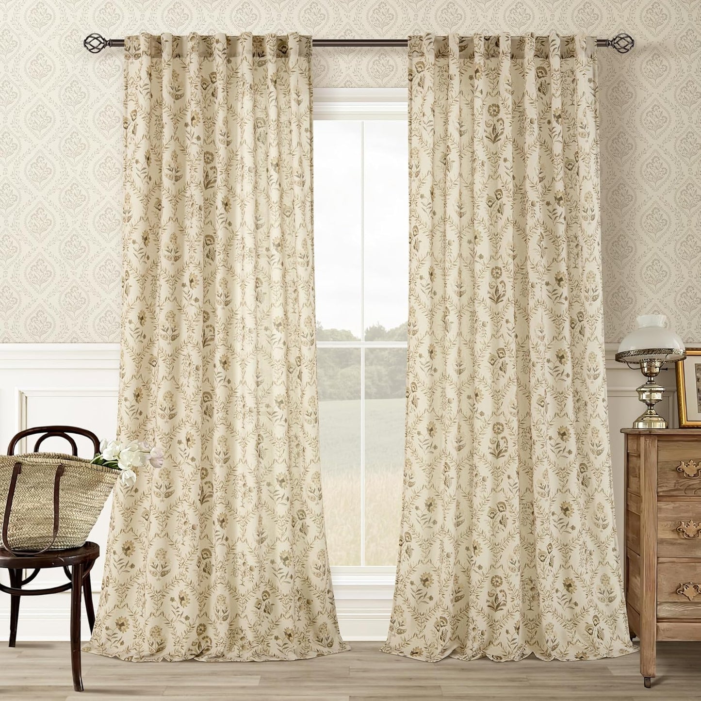 Tan Brown Floral Linen Curtains for Living Room 96 Inch Length