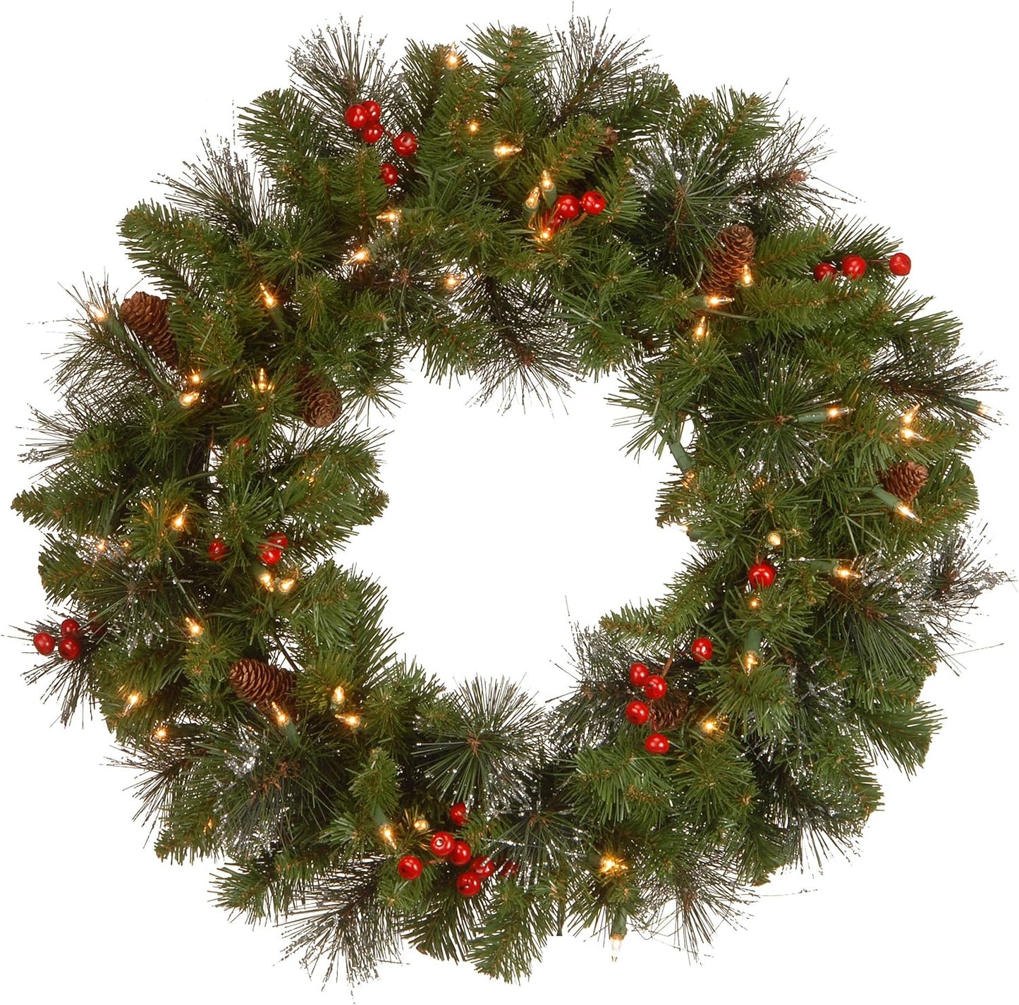 24 in Pre-Lit Crestwood Spruce Wreath with Pinecones & Lights