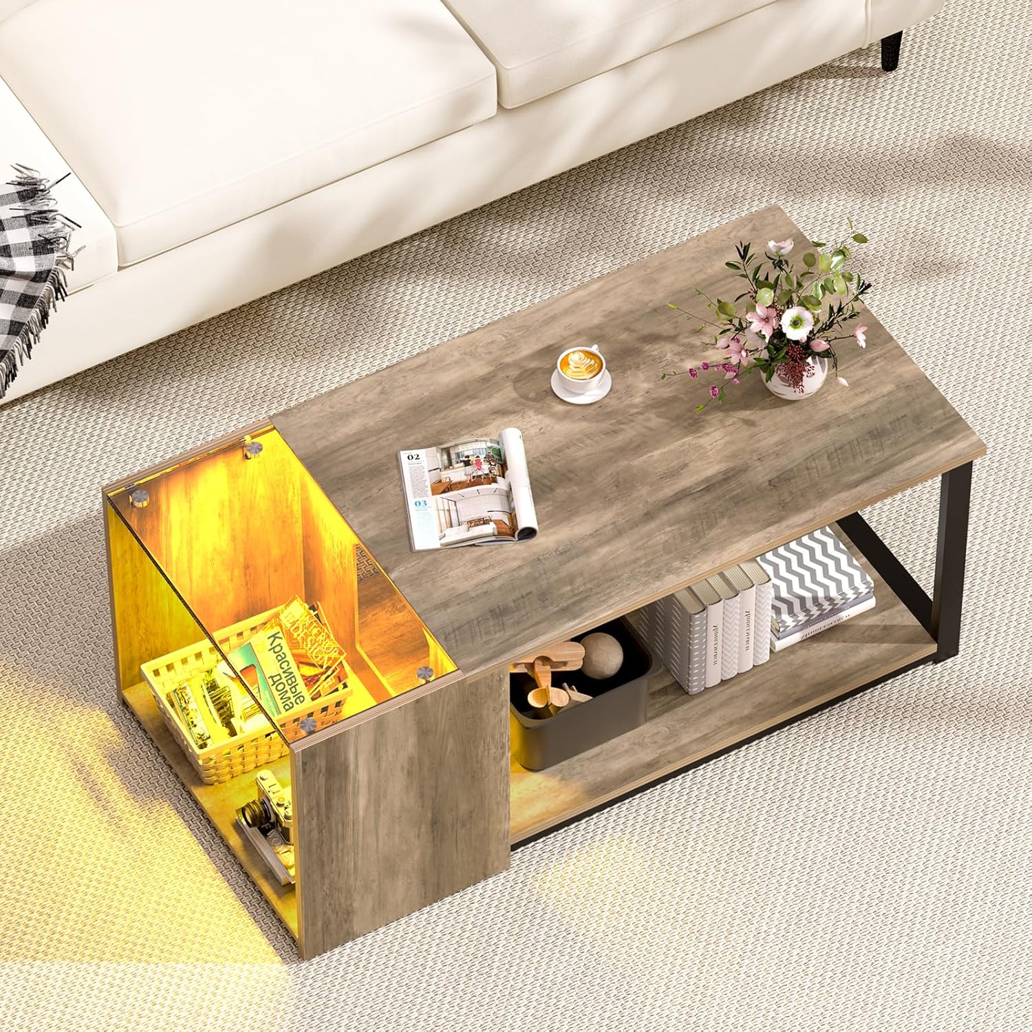 Modern Glass Top Coffee Table with LED Storage, SOROGRA