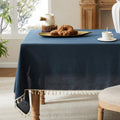 Linen Tablecloth with Tassels 60x120 in - Farmhouse Navy Tablecloth
