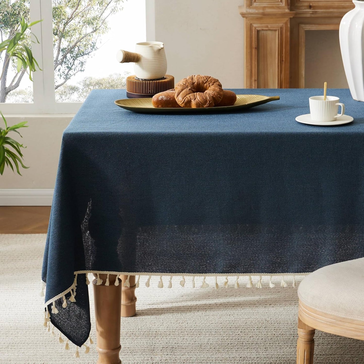 Farmhouse Style Navy Tablecloth with Tassels for Rectangle Tables