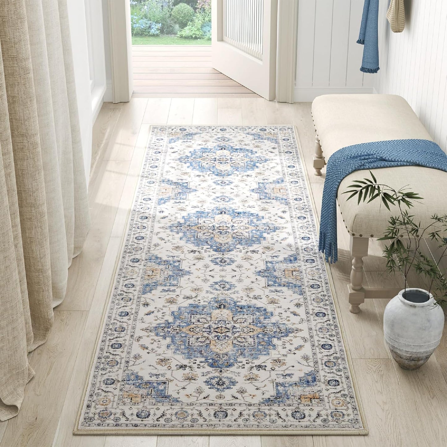 Vintage Floral Medallion Runner Rug for Hallway and Kitchen